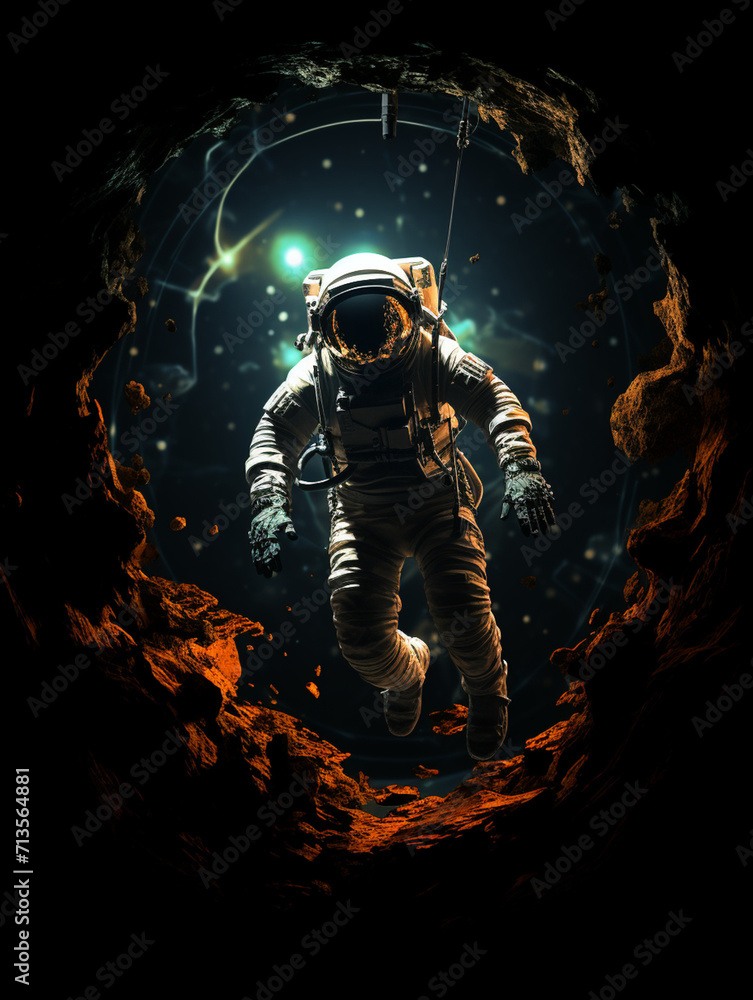 T-shirt design, victorian old photo of astronaut floating in space in earth's orbit near a space capsule created with Generative Ai T-shirt design, victorian old photo of astronaut floating in space in earth's orbit near a space capsule created with Generative Ai