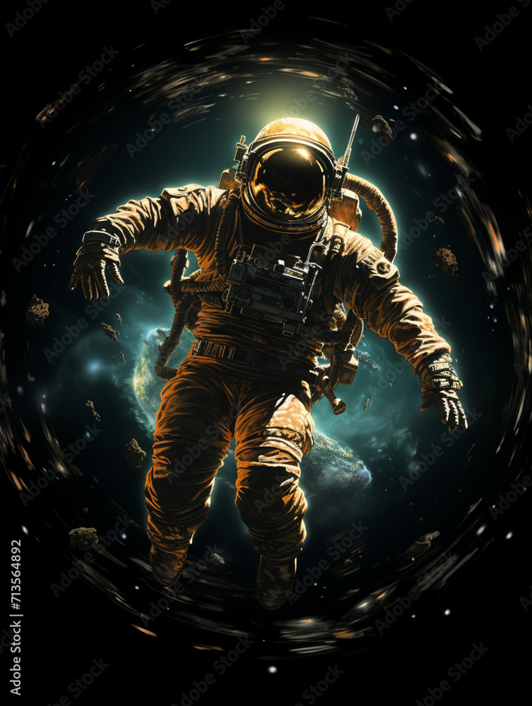 T-shirt design, victorian old photo of astronaut floating in space in earth's orbit near a space capsule created with Generative Ai T-shirt design, victorian old photo of astronaut floating in space in earth's orbit near a space capsule created with Generative Ai