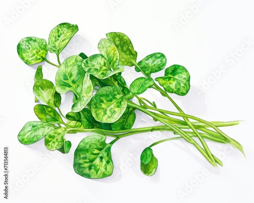 Watercolor Aquarelle of Watercress on a White Background