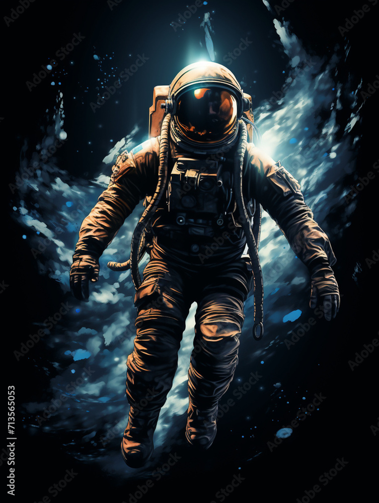 T-shirt design, victorian old photo of astronaut floating in space in earth's orbit near a space capsule created with Generative Ai T-shirt design, victorian old photo of astronaut floating in space in earth's orbit near a space capsule created with Generative Ai