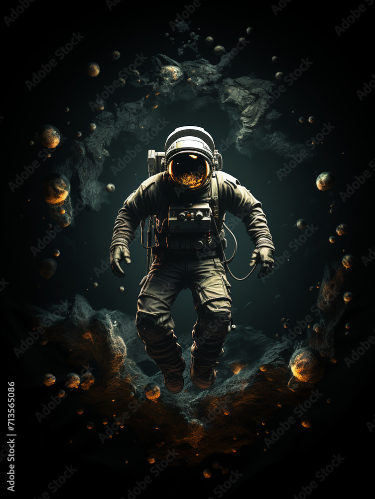 T-shirt design, victorian old photo of astronaut floating in space in earth's orbit near a space capsule created with Generative Ai T-shirt design, victorian old photo of astronaut floating in space in earth's orbit near a space capsule created with Generative Ai