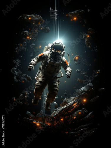 T-shirt design, victorian old photo of astronaut floating in space in earth's orbit near a space capsule created with Generative Ai © Andrii Yablonskyi