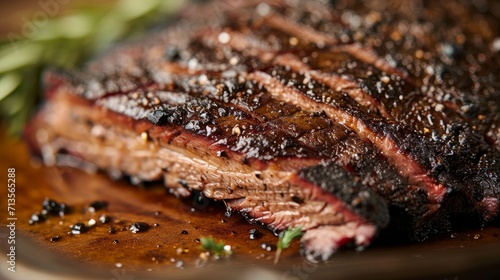 Closeup view of roasted beef brisket flat steak photo
