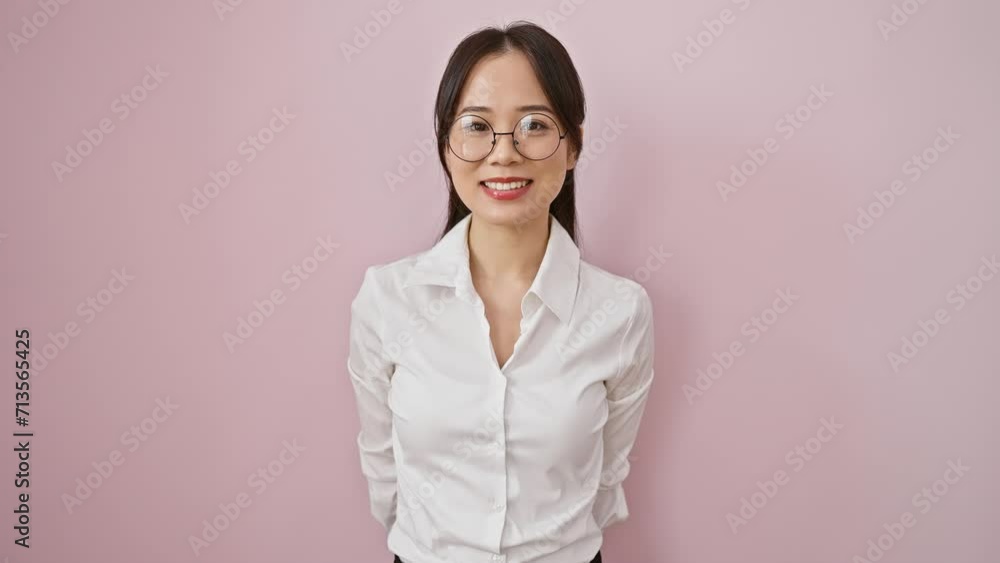 Upbeat, confident, and lucky young chinese woman with glasses sports a cool, joyful smile over happy, pink background Upbeat, confident, and lucky young chinese woman with glasses sports a cool, joyful smile over happy, pink background