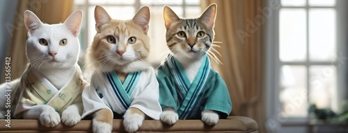 Three cats in kimono robes sitting like humans with a domestic interior backdrop. Pet clothes. Panorama with copy space.