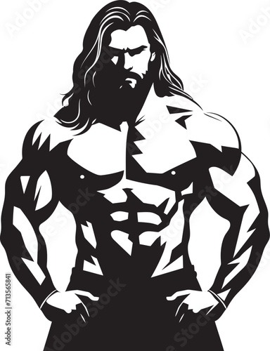 Brawny Tress Titan Long Haired Bodybuilder Emblem Sculpted Strands Iconic Logo of Muscle Bound Man