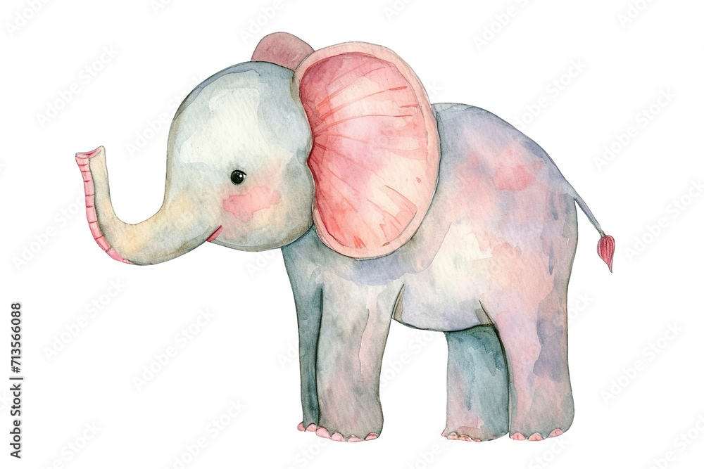 Cute elephant watercolor style, playful and cheerful, on a white background