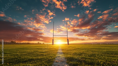 Goal posts for rugby union or league on field at sunset photo