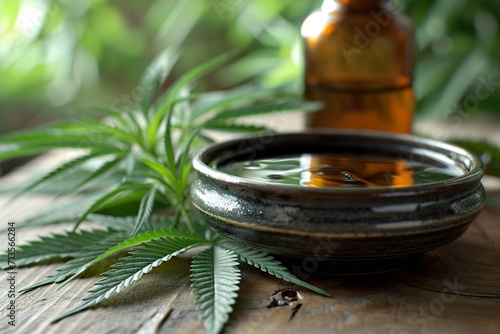 Cannabs medical product, CBD oil, with hemp leaves on a black dish on a wooden table. gold lay.