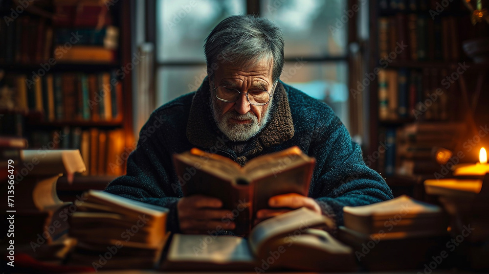 A man reads a Bible in a library A man reads a Bible in a library