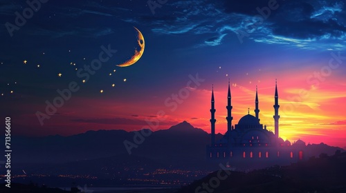 mosque silhouette against a stunning sunset sky, with the crescent moon