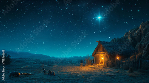  The birth of Jesus Christ in Bethlehem, a starry night and a manger visible in the distance