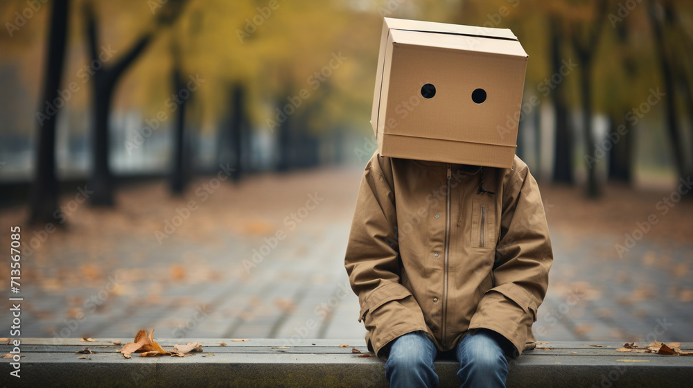Depressed man with box over head Depressed man with box over head