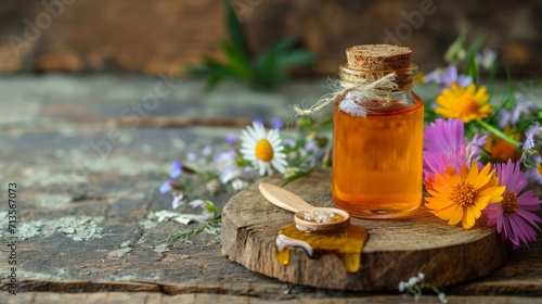 small bottle of raw, organic royal jelly, accompanied by a tiny spoon resting on the bottle