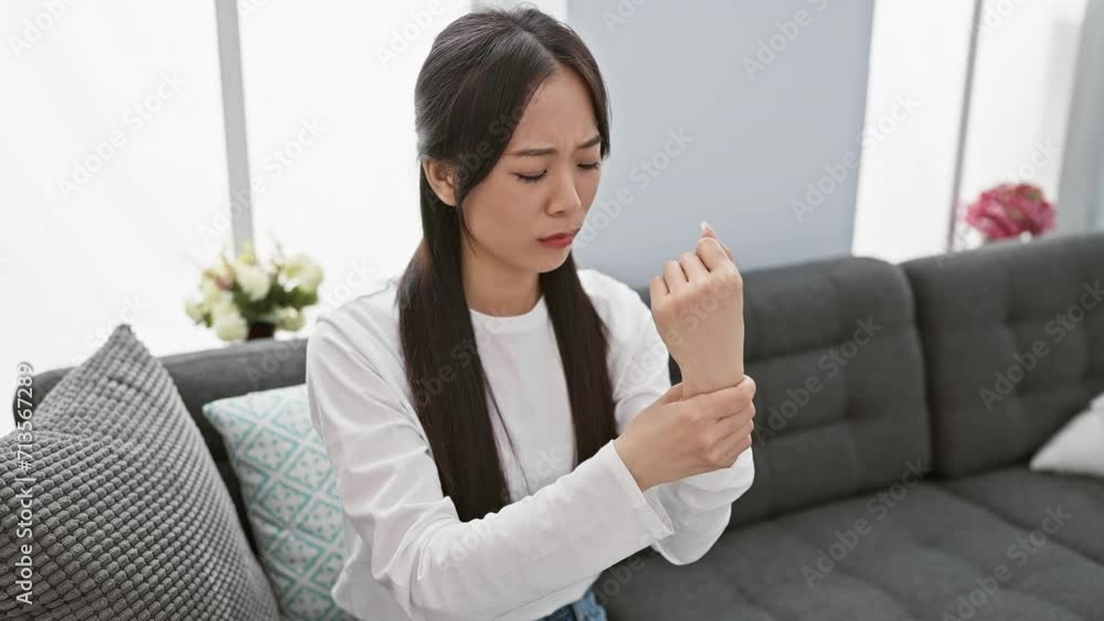 A concerned asian woman examines her wrist pain in a modern living room setting, indicating potential health issues. A concerned asian woman examines her wrist pain in a modern living room setting, indicating potential health issues.