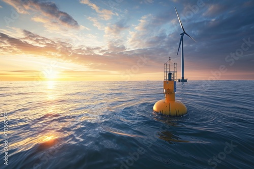 Wave energy converter floats on the ocean's surface. Wind turbine stands tall against the horizon. Ocean and wind energy technologies clean power generation.