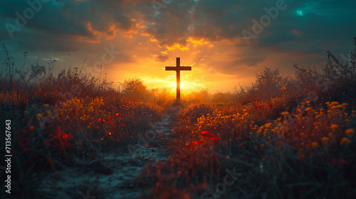 A wooden Christian cross seen from a field of flowers #713567643
