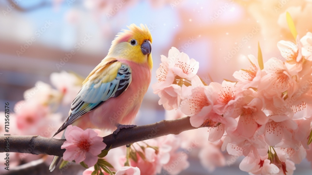 Vibrant Cockatiel Perched on Blossoming Cherry Branch - AI-Generative Vibrant Cockatiel Perched on Blossoming Cherry Branch - AI-Generative