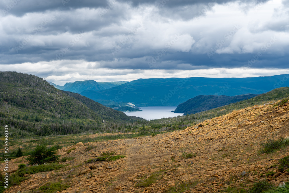 Tablelands in Gros Morne National Park, a Canadian national park and World Heritage Site in Newfoundland. An area where earth's mantle is exposed. Fjord Inner Bonne Bay South Arm. 
