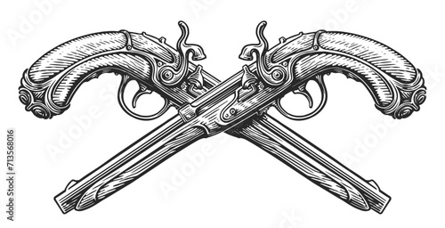 Crossed guns, sketch. Two flintlock pistols, firearms. Hand drawn vintage vector illustration