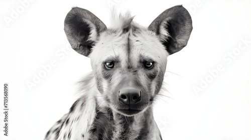 Headshot of a Black and White Hyena on a White Background