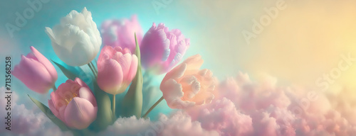 A bouquet of soft pastel tulips against a dreamy background. Panorama with copy space. Banner. #713568258