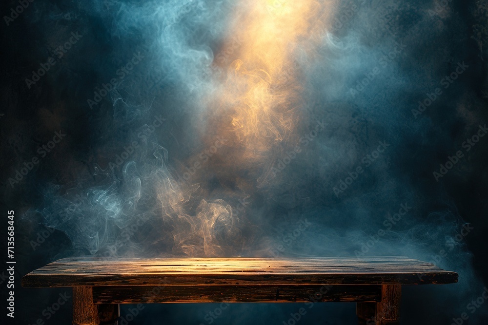 empty wooden table with smoke float up on bright background