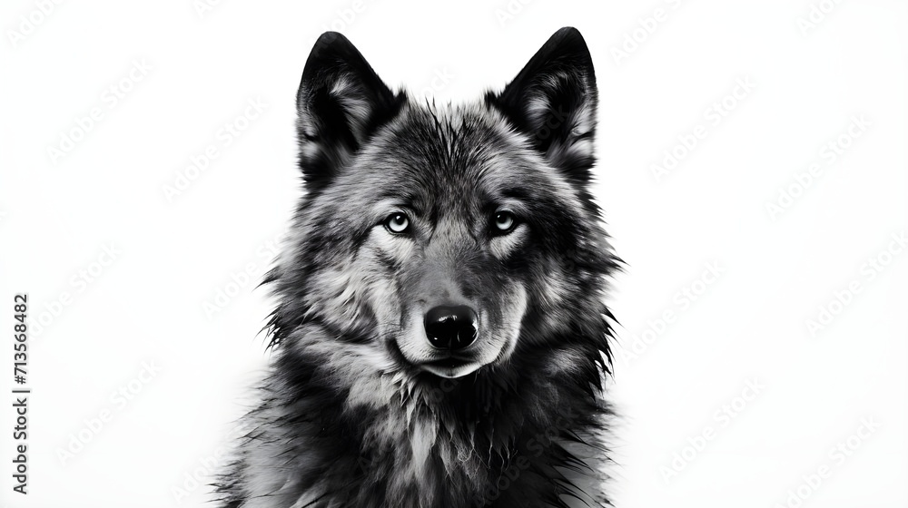 Portrait of a Black and White Wolf on a White Background