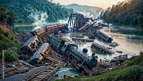 Train wreck, chaotic embrace of human machinery and untamed nature, where once mighty locomotives lie defeated by their own ambition, tangled in embrace of tranquil river and silent watch of forest