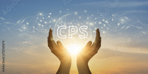 CPS: Man Holding Global Network and Connecting Data of Cyber-Physical Systems with Business on the Internet, Smart Automation, Seamless Integration.