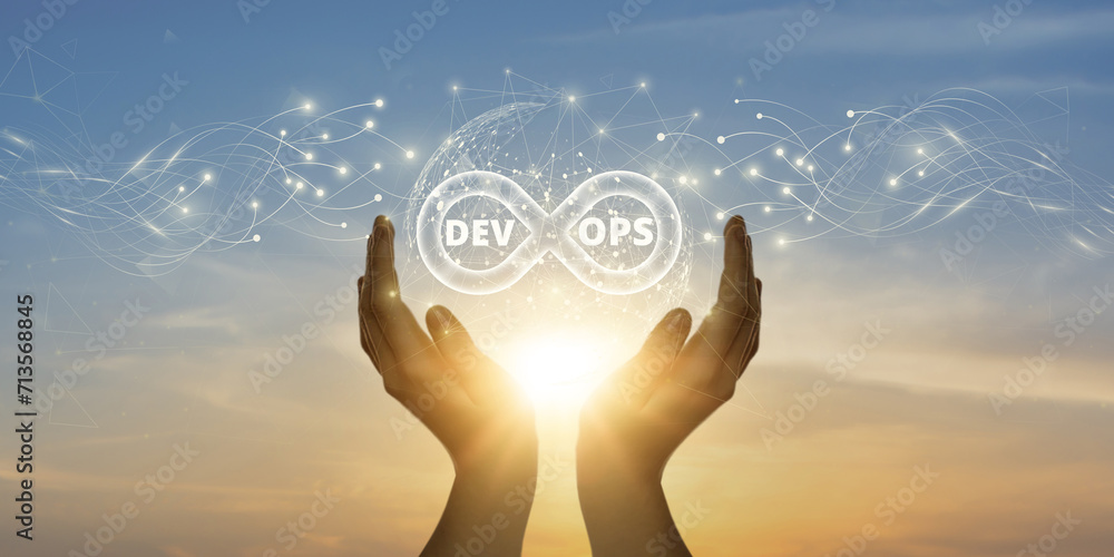 DevOps: Man Holding Global Network and Connecting Data of Development and Operations with Business on the Internet, Streamlining Processes, Continuous Integration. - obrazy, fototapety, plakaty 