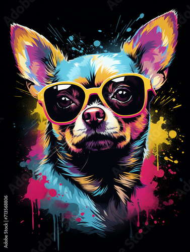 T-shirt design, Chihuahua, pop art style painting thick textured acrylic paint, thick paint, splatter paint created with Generative Ai