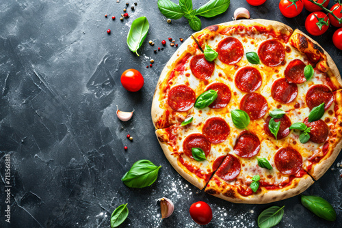 Tasty pepperoni pizza and cooking ingredients tomatoes basil on black concrete background. Top view of hot pepperoni pizza. With copy space for text.