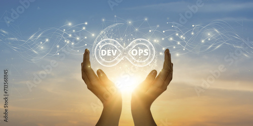 DevOps: Man Holding Global Network and Connecting Data of Development and Operations with Business on the Internet, Streamlining Processes, Continuous Integration.