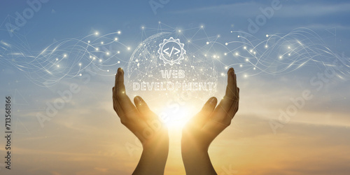 Web Development. Man Holding Global Network and Connecting Data of Web Development with Business on the Internet, Coding, Seamless Integration.