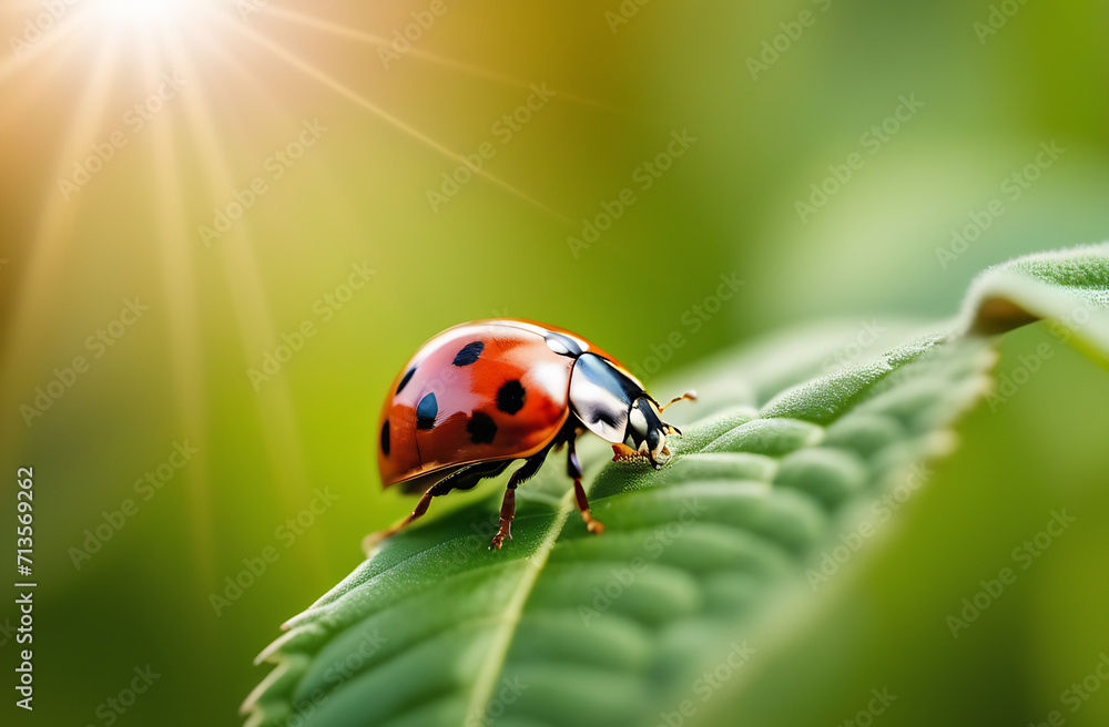 Ladybug on a leaf on a green background in the sun Ladybug on a leaf on a green background in the sun