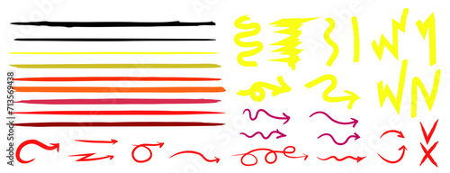 Set of multi-colored bright brushes and elements for notes, highlighting and underlining in text