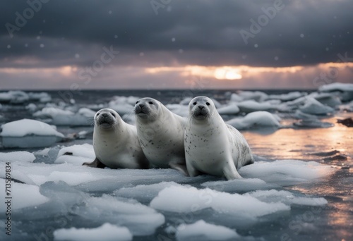 AI generated illustration of three seals lounging on snowflakes beneath a cloudy sky