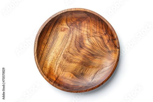 Top view and perspective of empty wood plate isolated on white background.