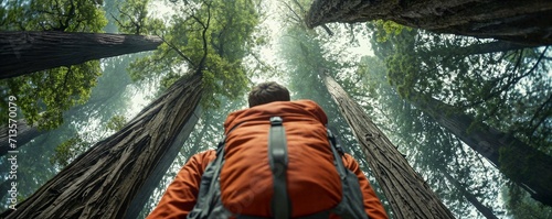  Hiker in Redwoods forest orange backpack mist fog looking up