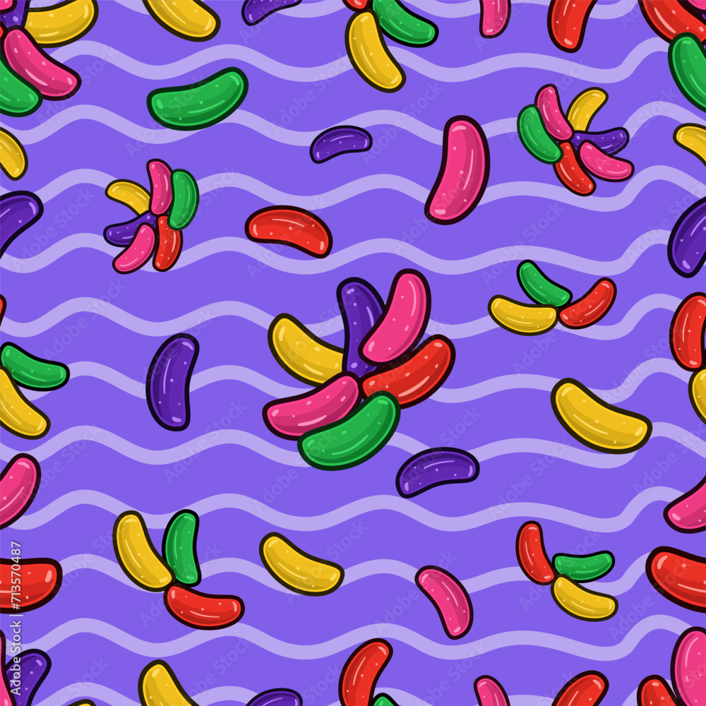 Jelly Beans Seamless Pattern in Cartoon Style. Perfect For Background, Backdrop, Wallpaper and Cover Packaging.