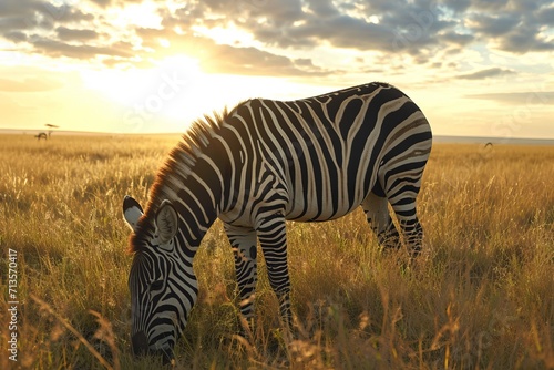 Striped zebra grazing on sunlit African plains  embodying the beauty of untamed African landscapes.