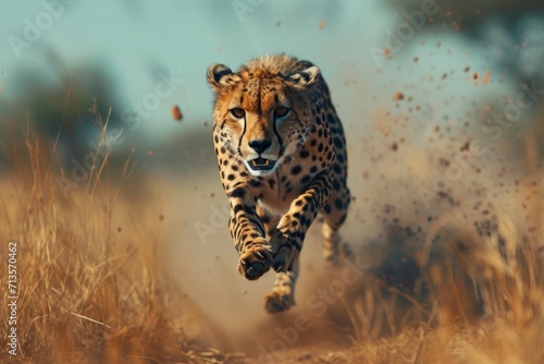 Swift cheetah sprinting across African grasslands  showcasing speed and untamed prowess.