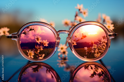 Sunglasses on the background of beautiful sunset and flowers reflected in water