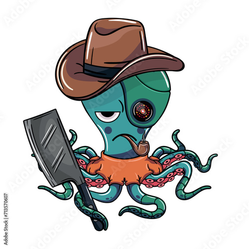 Octopus cartoon comic cyborg gangster with cowboy hat, smoking a pipe and a meat knife in his tentacle with an impatient expression. Illustration for fantasy, science fiction and adventure comics