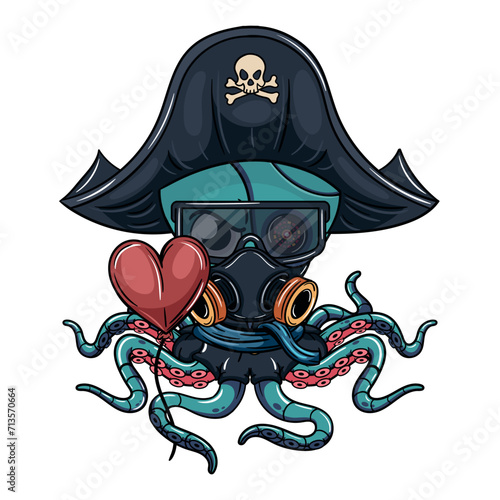 Octopus cartoon cyborg comic angry pirate with glasses and gas mask with a heart balloon in his robotic tentacle. Illustration for fantasy, science fiction and adventure comics
