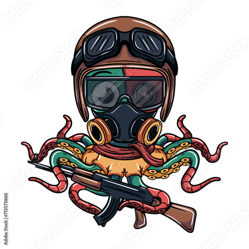 Octopus cartoon cyborg comic aircraft pilot with gas mask and a shotgun in his robotic tentacle. Illustration for fantasy, science fiction and adventure comics