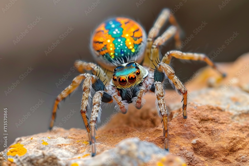 Fototapeta premium Flashy peacock spider displaying a vibrant mating dance, a mesmerizing showcase of arachnid courtship.