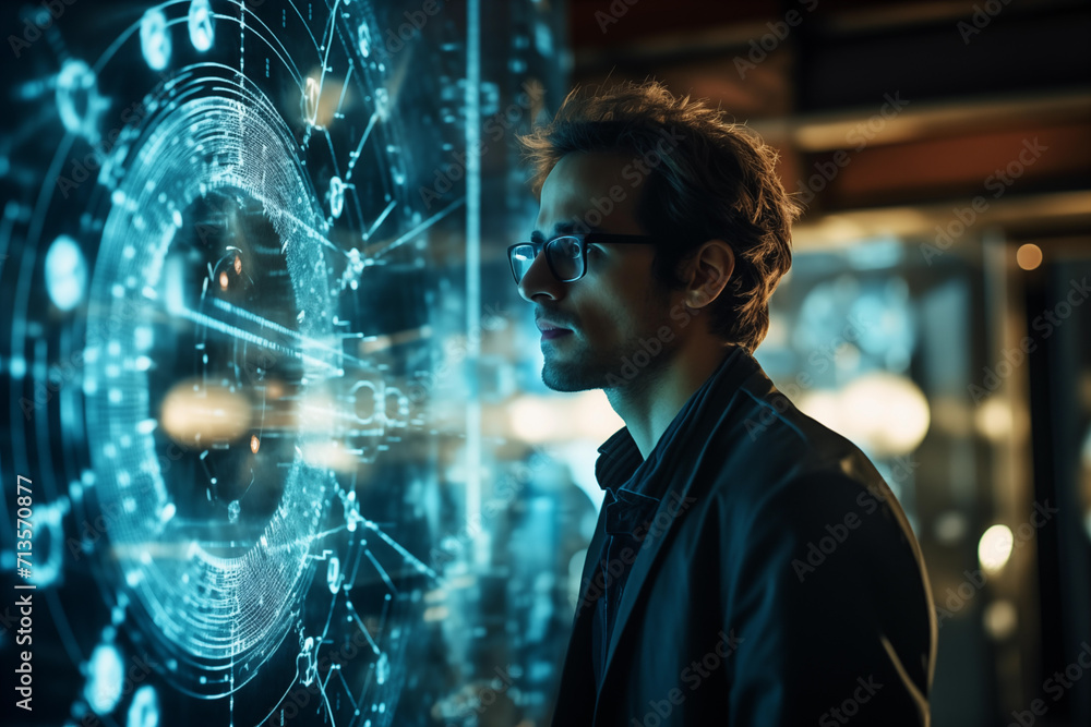 Side view of young man in eyeglasses looking at hologram Side view of young man in eyeglasses looking at hologram