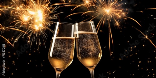 minimalistic design Concept: 2 glasses of wine / champagne toasting on beautiful new year's night with fireworks